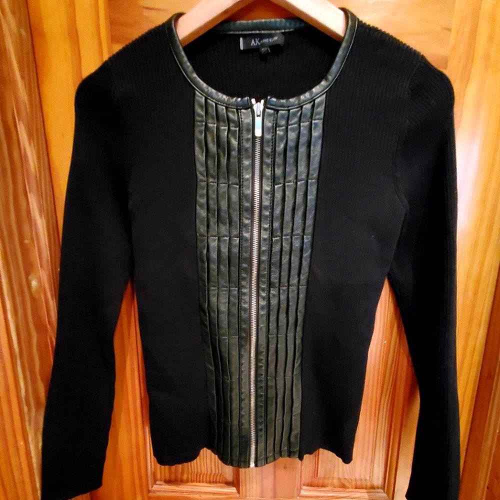 Anne Klein Black Zipper Sweater with Leather Accent
